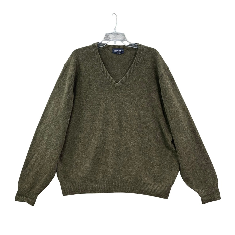 Lands End V-Neck Sweater Men's XL Green Lambswool Scotland Knit Preppy Academia
